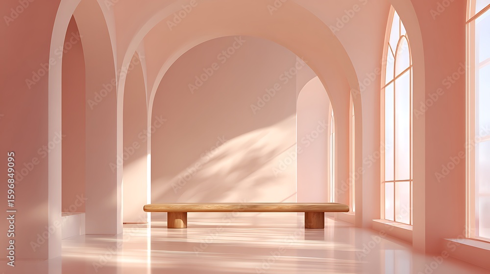 Fototapeta premium Minimalist hall features wood bench. Arches and light create calming mood. Great for architecture, design, lifestyle marketing, editorial use.