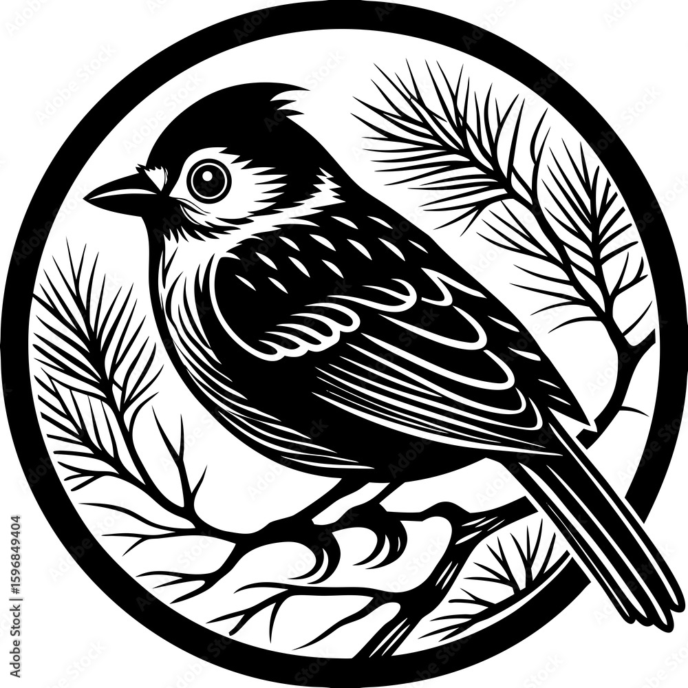 Naklejka premium Vector art of a sparrow perches on a pine branch within a circular frame