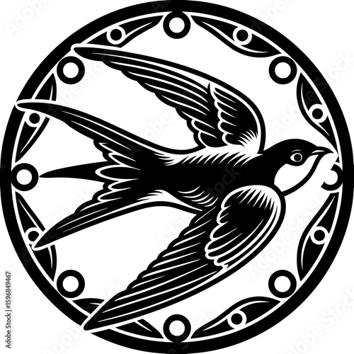 Vector art of a swallow soars within an ornate circle, a vintage illustration