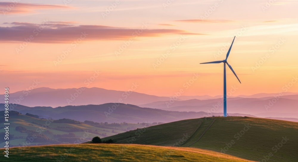 Obraz premium A lone wind turbine stands on a grassy hill at sunset