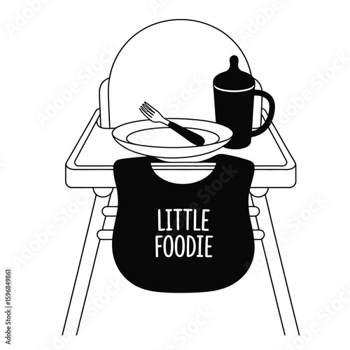 Black and white vector set of baby feeding tools including bib, sippy cup, baby fork, plate, and high chair