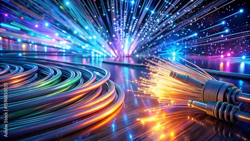 Photo of fiber optic cables glow with vibrant light, symbolizing highspeed internet connection