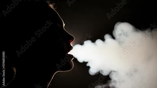 Silhouette of a person exhaling a large cloud of smoke from their mouth in profile