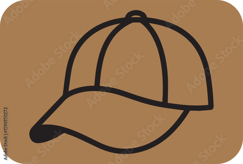 Simple hand drawn outline of a baseball cap with a curved brim and button top on a solid brown square background