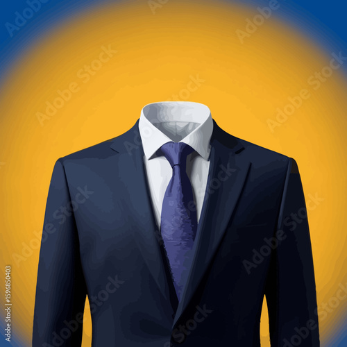 A navy blue suit with a white shirt and purple tie,  isolated against an abstract background of yellow and blue.