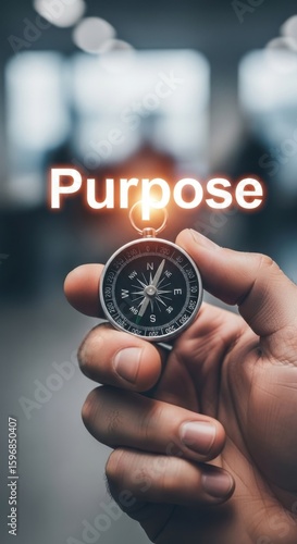 Hand holding compass with glowing word purpose above direction