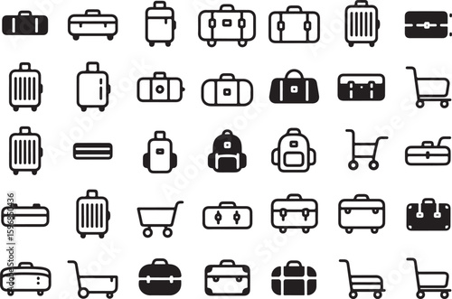 Collection of travel luggage and bags icons isolated on transparent background