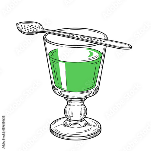 Green absinthe in glass with spoon on a white background  