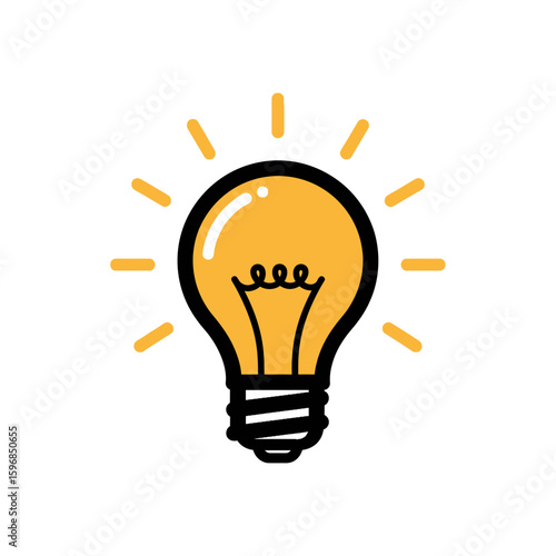 A cartoon lightbulb with a yellow glow emanating from it against a white background illustration style