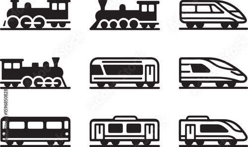 Collection of train icons isolated on transparent background