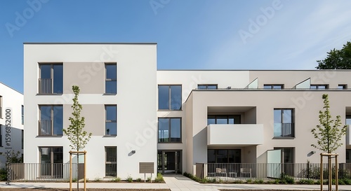 Modern minimalist architecture: exterior view of a contemporary residential building with clean lines and simple geometric shapes, under a blue sky.
