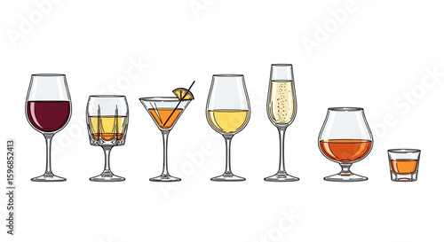 Various drinking glasses in different shapes and sizes on white background  