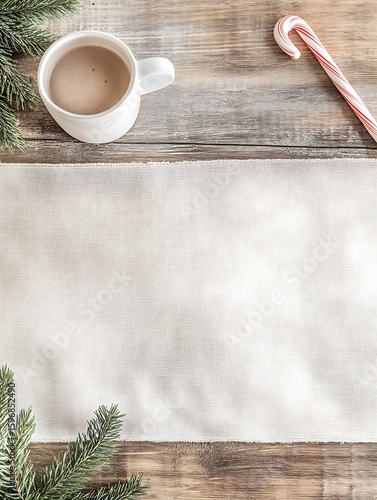 Rustic Coffee Table with Blank Linen Placemat Top View
