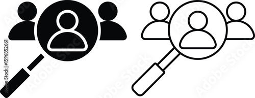 Magnifying glass over user icon representing recruitment or candidate search. HR management symbol in black and outline style, ideal for hiring, CV review, or user targeting concepts.