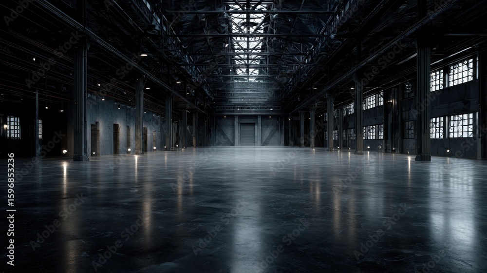 Obraz premium Dark empty warehouse. Hall inside floor. Generate Ai