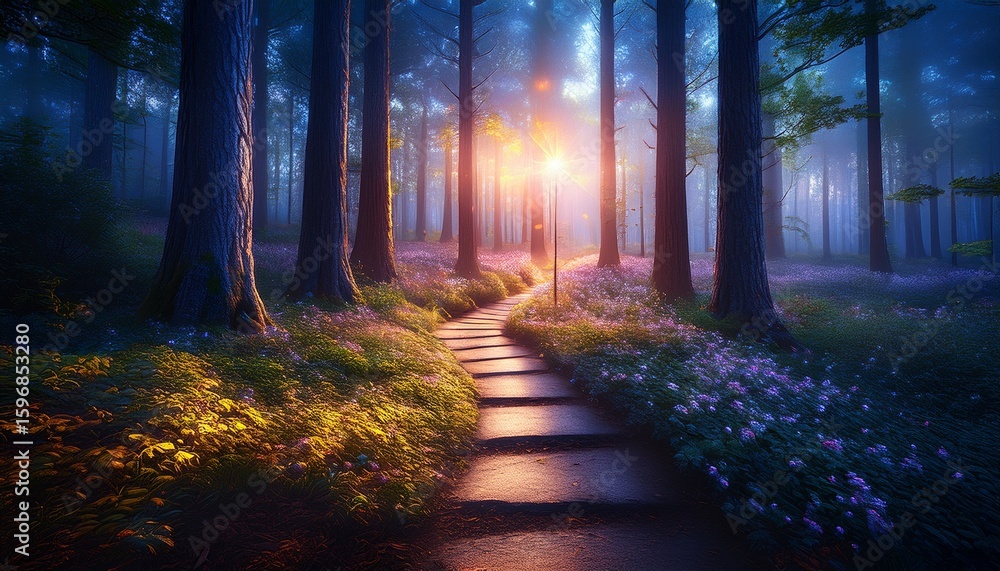 Obraz premium enchanted forest path illuminated by glowing lights at twilight a magical scene of natures beauty