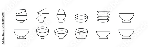 Minimalist kitchenware line icons set featuring various bowls, plates, noodles box, and egg holder. Vector tableware symbols isolated on white.
