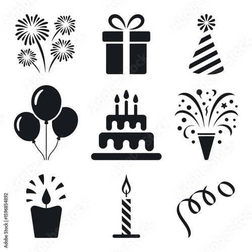 Festive Iconography A Collection of Celebration Symbols Including Fireworks, Gifts, Hats, Balloons, Cakes, Confetti, and Candles A Joyful Assemblage