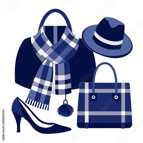 Chic blue plaid fashion accessories including handbags scarf and high heel shoe