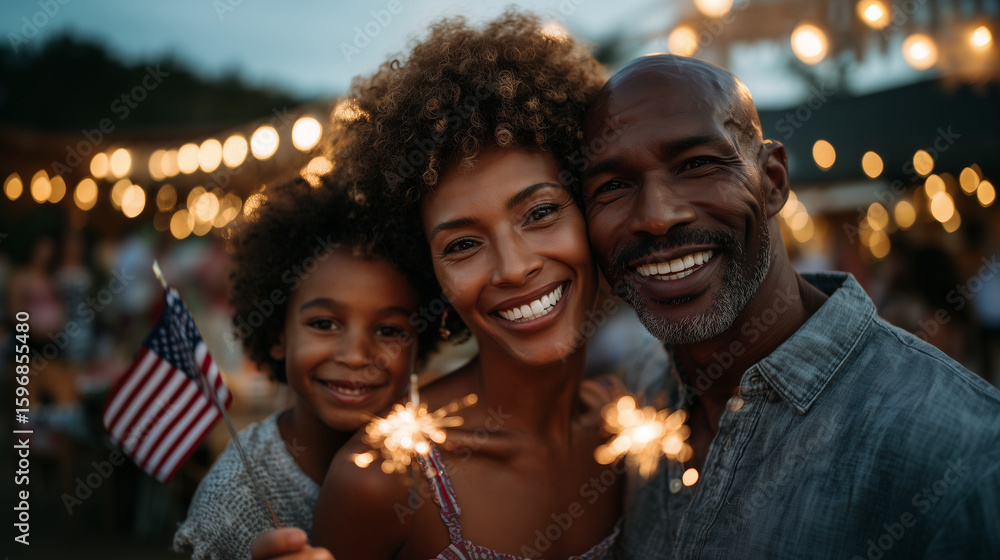 Obraz premium An American family celebrating 4th of July in their backyard with barbecue, children holding sparklers, flags waving, warm golden hour light, festive atmosphere, suburban USA, holi