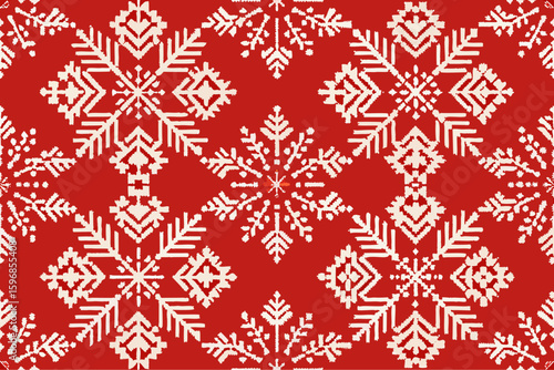 Seamless pattern of white snowflakes on a red background in a traditional folk art style