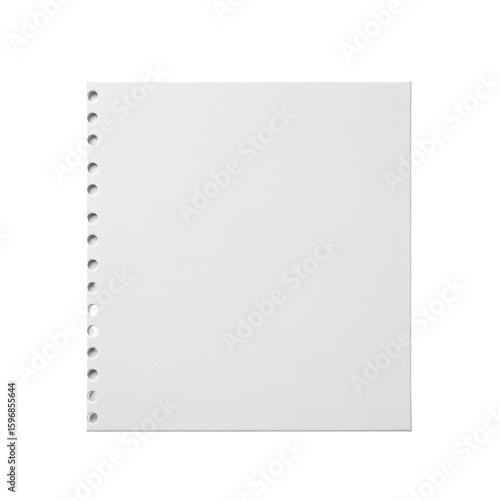 White rectangular surface with subtle paper-like texture, vertical row of circular punch holes on left edge, isolated on clean white background, top-down flat lay. Blank canvas concept for design