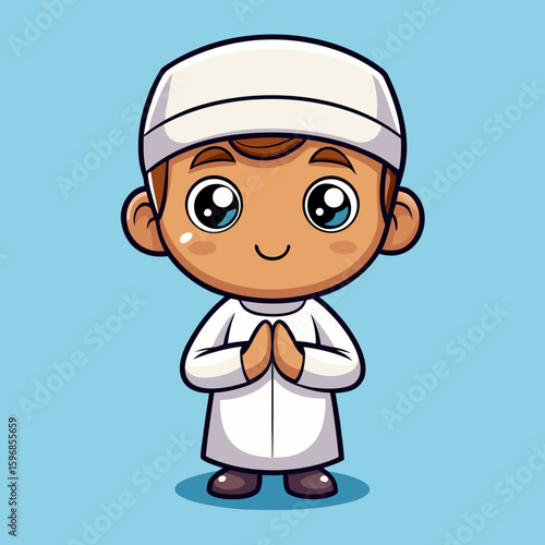 Cute muslim boy wearing traditional white clothing and kufi praying