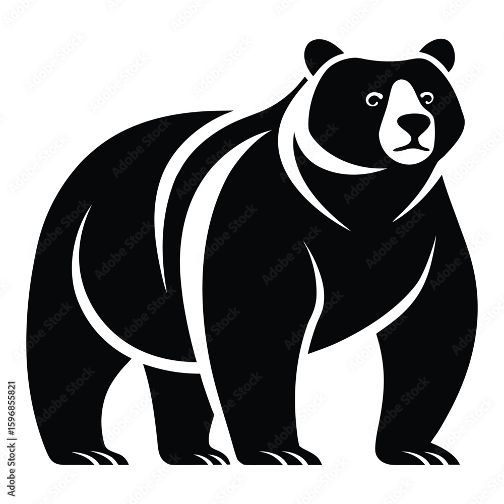 Fototapeta premium Black and white illustration of a standing bear with curved white details on a white background