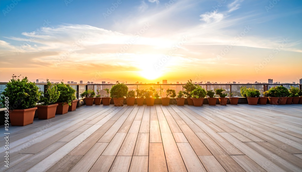 Fototapeta premium Rooftop terrace at sunset, city view