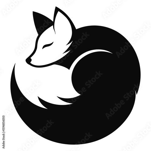 Black and white stylized illustration of a curled up fox with closed eyes on white background