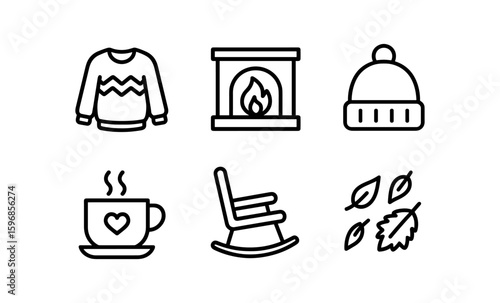 Cozy autumn icons: sweater, fireplace, hat, mug, rocking chair, leaves in linear style