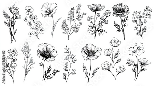 Collection of black and white line art botanical illustrations.