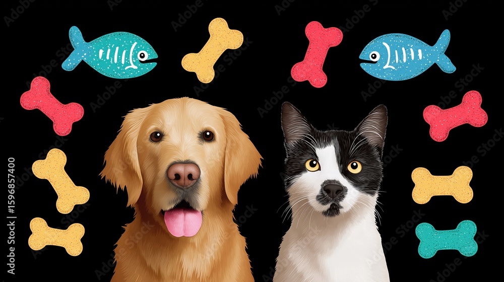 Naklejka premium Golden retriever and black-white cat surrounded by colorful fish and bone shapes on black