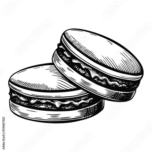 Hand drawn alfajores, a classic sandwich cookie filled with dulce de leche, on white background. Alfajores illustration features detailed cross hatching and engraved style texture,