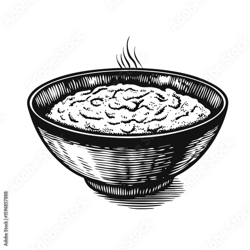 Amaranth porridge drawing in detailed engraving style shows healthy breakfast in bowl. Amaranth porridge drawing has decorative bowl and hot steam rising above nutritious dish,