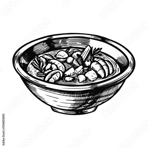 Sketch of hearty bouillabaisse, a traditional seafood stew, with rich broth in rustic bowl. This classic bouillabaisse features fresh shellfish, aromatic herbs, and vegetables,