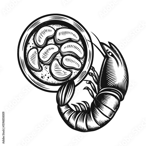 Black and white illustration of bouillabaisse, a traditional seafood stew, with shrimp. Bouillabaisse showcases rustic presentation and delectable seafood.