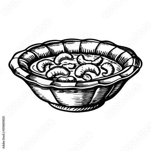 Traditional bouillabaisse served in ornamental bowl, a Mediterranean fish stew with seafood ingredients, presented as sketched line art.