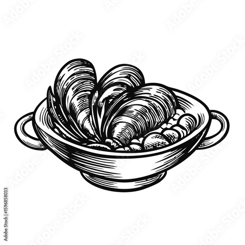 Classic bouillabaisse, a seafood stew, detailed drawing showcasing mussels and other ingredients. Bouillabaisse image showcases traditional fish soup ingredients,