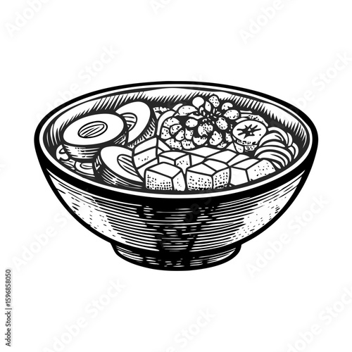 Delicious buddha bowl filled with fresh ingredients in detailed line art. This buddha bowl includes a variety of vegetables and proteins in a bowl, ready to serve,