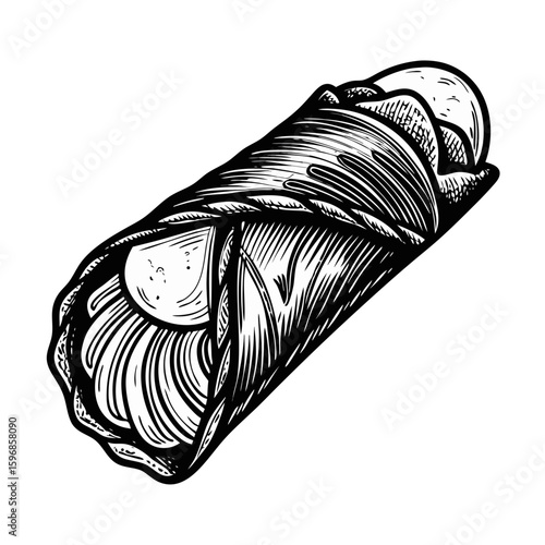 Delicious cannoli pastry, a classic Italian dessert shown in a line art illustration. This cannoli includes a crispy shell, sweet ricotta filling, and chocolate chips, bringing the essence of Italy.