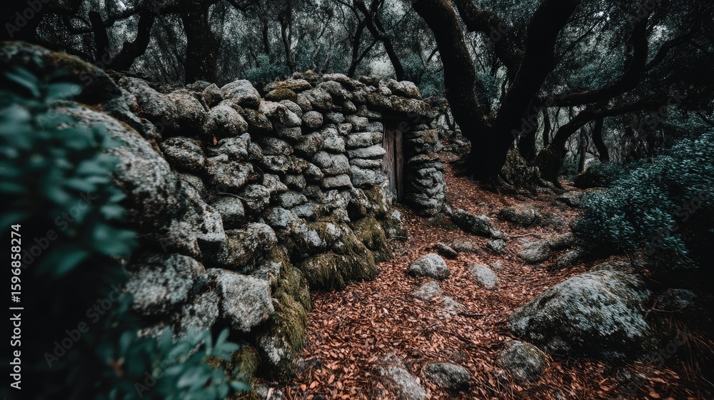 Obraz premium Stone Hut in Forest Clearing with Leaf-covered Ground
