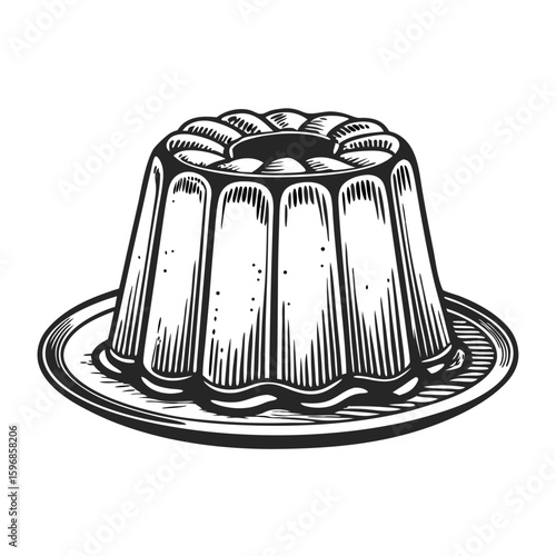Caramel flan on plate, a classic dessert, displayed in monochrome linework. This creamy custard pudding, caramel flan, offers rich flavor and smooth texture, presented with artistic detail.