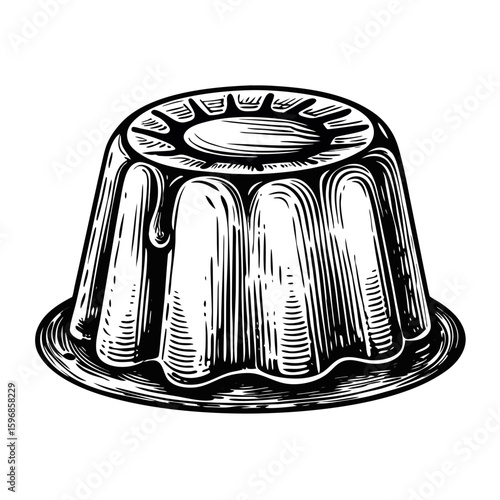 Delicious caramel flan with sweet custard and creamy topping illustrated as culinary drawing. This caramel flan has rich texture and mouthwatering flavor, as illustrated by line art.