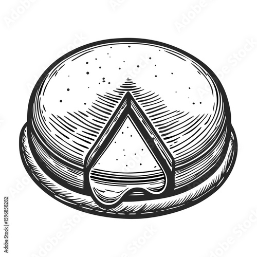 Illustrative cheese blini, traditional pancakes with a cheesy filling. Cheese blini, rendered in an etched style, shows a slice cut to reveal its savory interior.