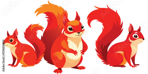 Three Cartoon Red Squirrels Standing and Sitting in a Row Isolated on White