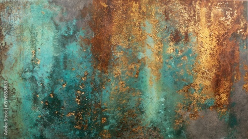Metallic copper foil texture with oxidized patina and industrial weathering