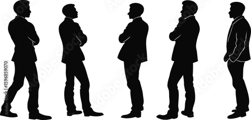 Five men in suits standing with arms crossed black white