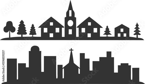Village and city skylines with trees and church silhouette buildings