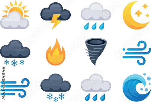 Weather icons depicting sun with cloud, lightning, rain, moon, snow, fire, wind, tornado, wave